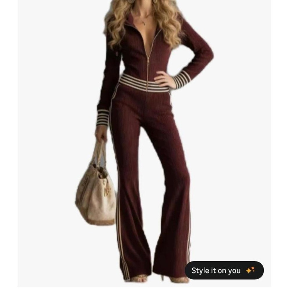 Women's Sexy Jumpsuit Long Sleeve Striped Contrast Color Zip Up Flared Pants